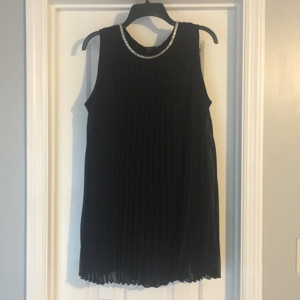 Pleated mini dress with rhinestone neckline